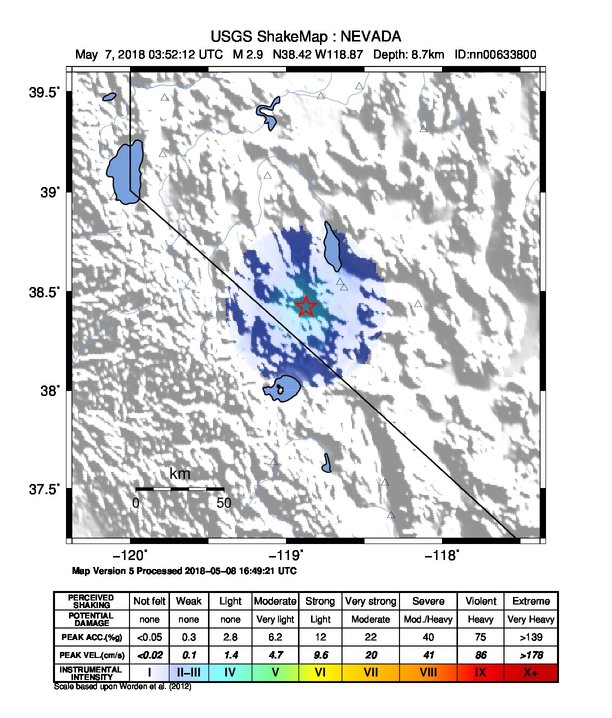 USGS ShakeMap: estimated shaking intensity around the epicenter
