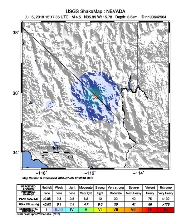 USGS ShakeMap: estimated shaking intensity around the epicenter