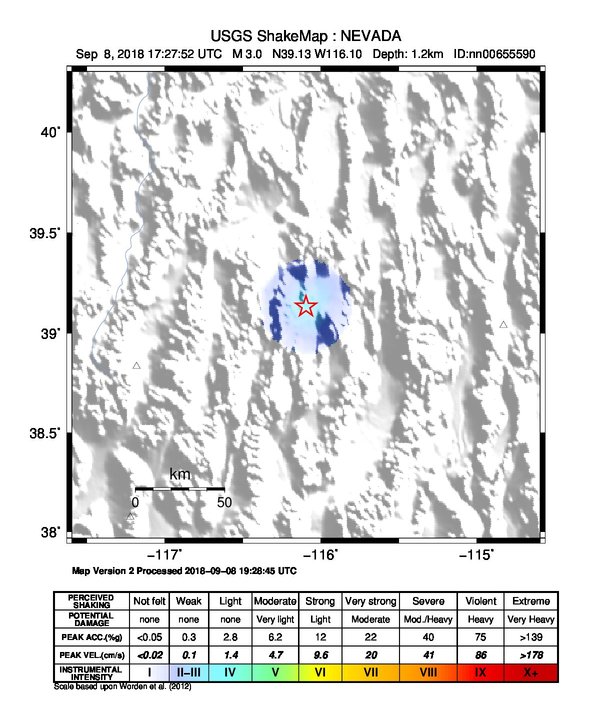 USGS ShakeMap: estimated shaking intensity around the epicenter