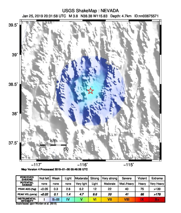 USGS ShakeMap: estimated shaking intensity around the epicenter