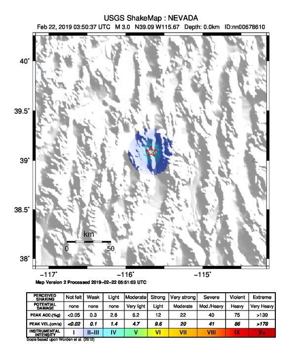 USGS ShakeMap: estimated shaking intensity around the epicenter
