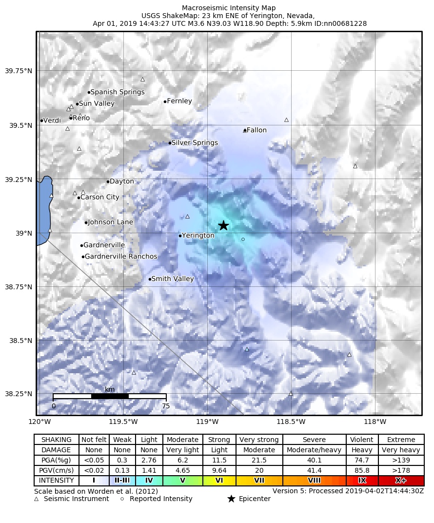 USGS ShakeMap: estimated shaking intensity around the epicenter