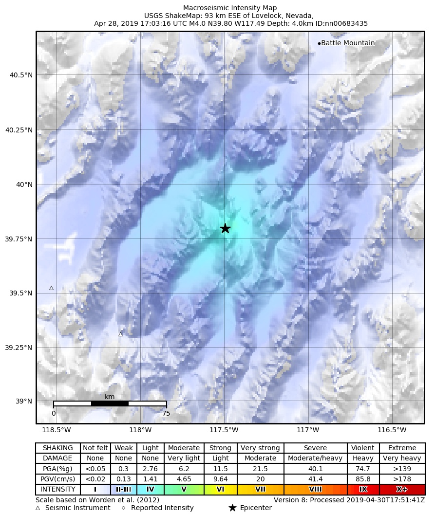 USGS ShakeMap: estimated shaking intensity around the epicenter
