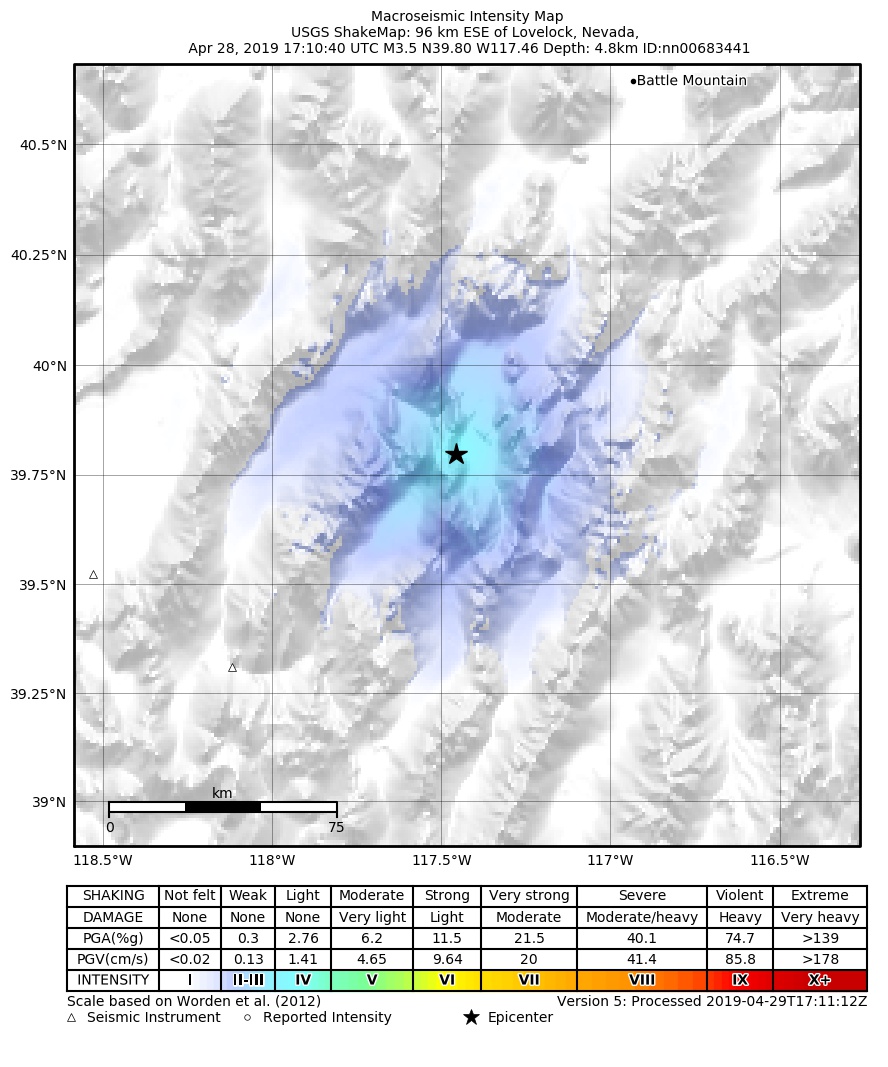 USGS ShakeMap: estimated shaking intensity around the epicenter