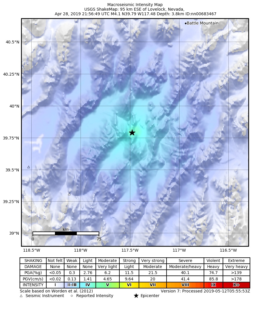 USGS ShakeMap: estimated shaking intensity around the epicenter