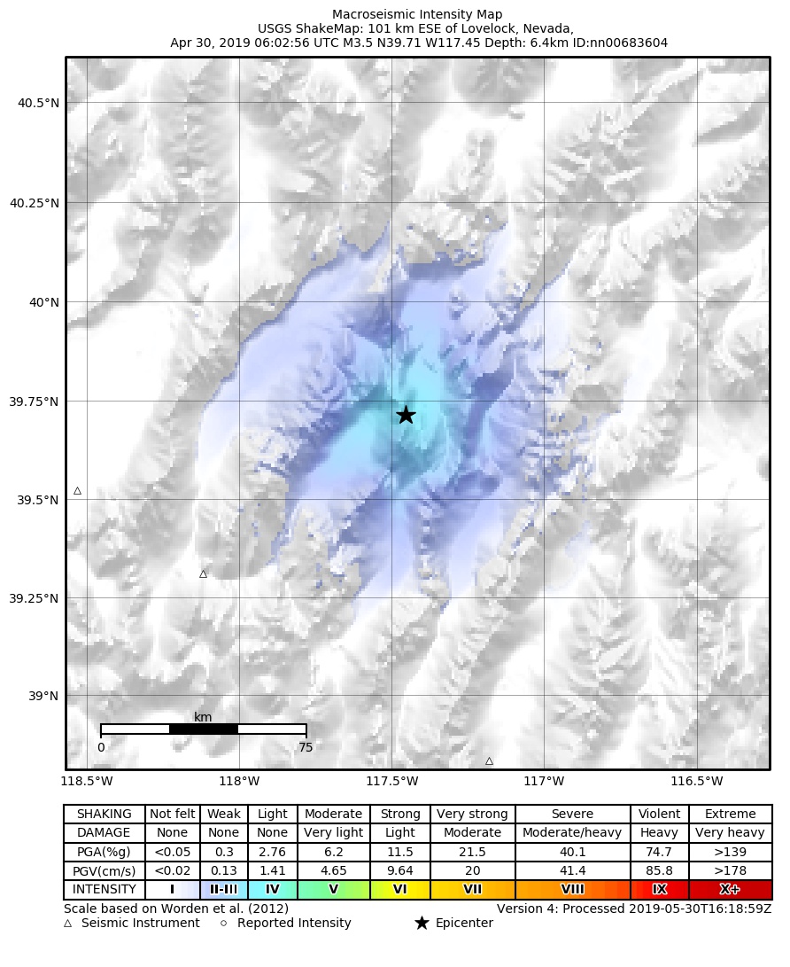 USGS ShakeMap: estimated shaking intensity around the epicenter