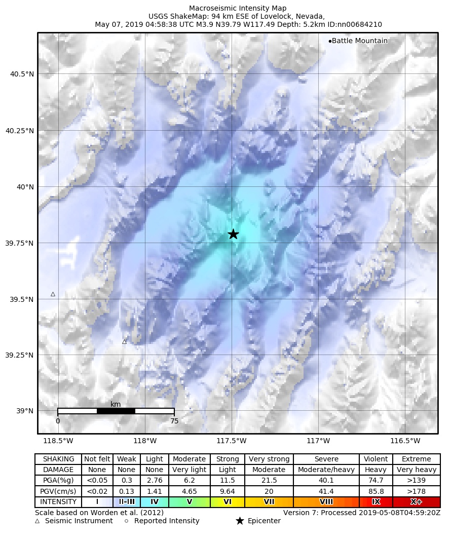 USGS ShakeMap: estimated shaking intensity around the epicenter