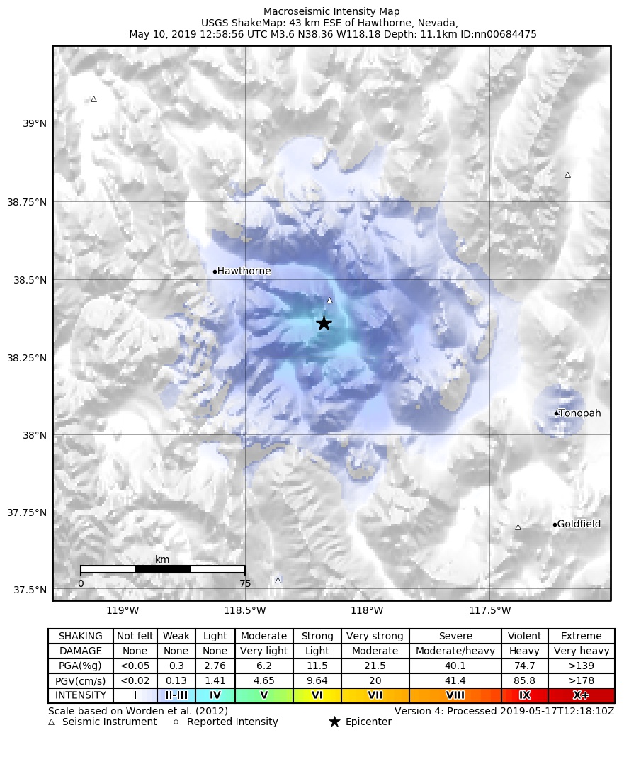 USGS ShakeMap: estimated shaking intensity around the epicenter