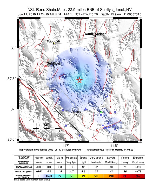 USGS ShakeMap: estimated shaking intensity around the epicenter