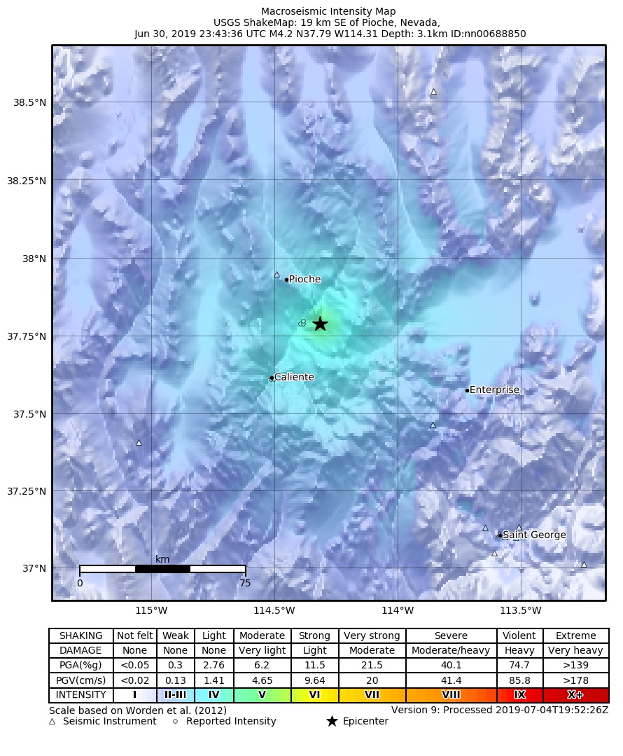 USGS ShakeMap: estimated shaking intensity around the epicenter