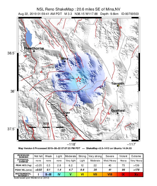 USGS ShakeMap: estimated shaking intensity around the epicenter