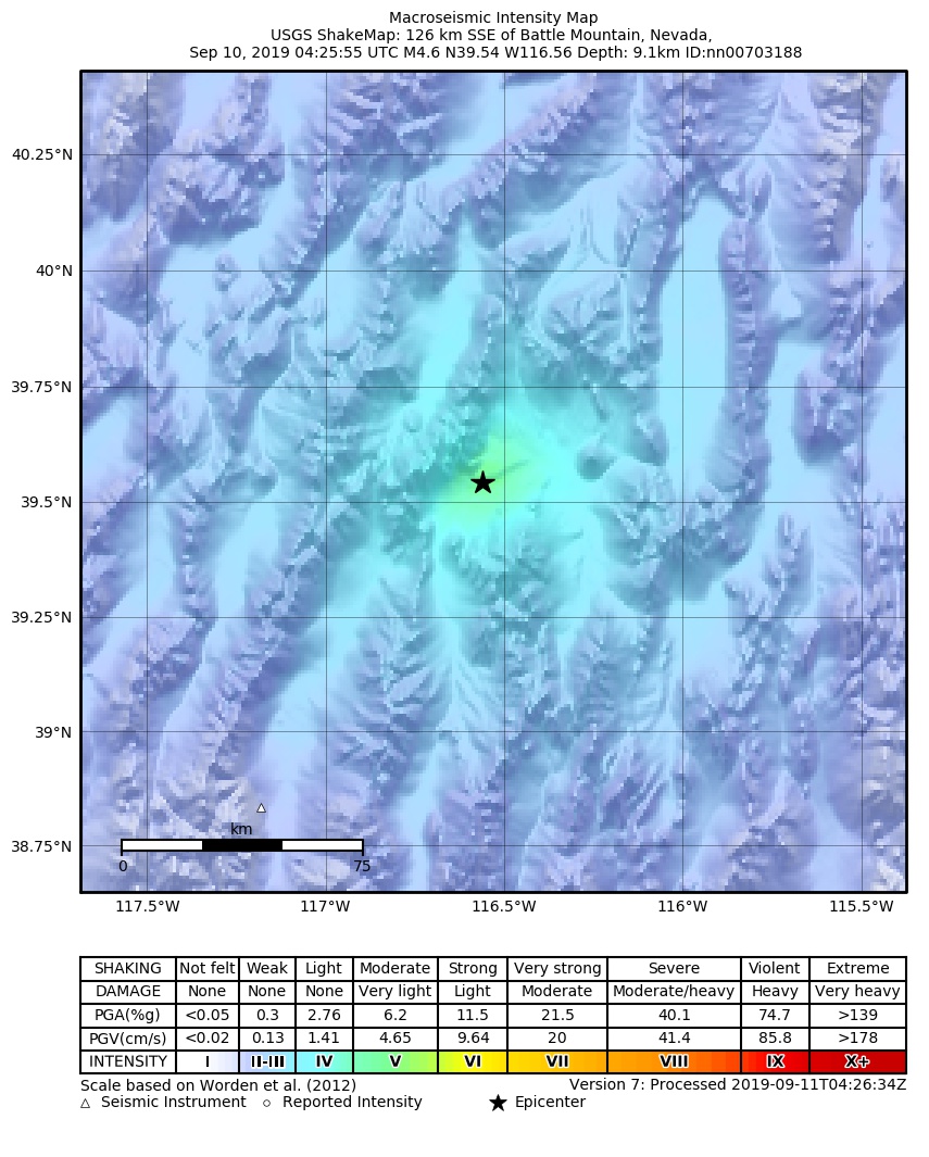 USGS ShakeMap: estimated shaking intensity around the epicenter