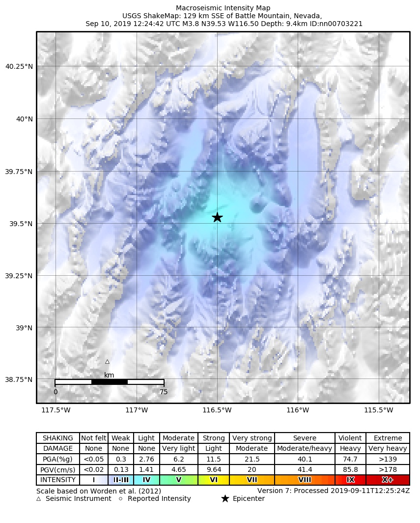 USGS ShakeMap: estimated shaking intensity around the epicenter