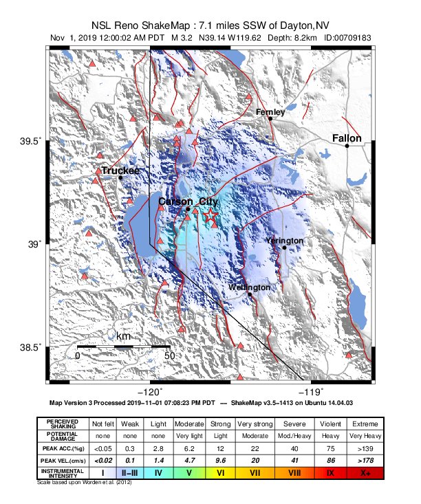USGS ShakeMap: estimated shaking intensity around the epicenter