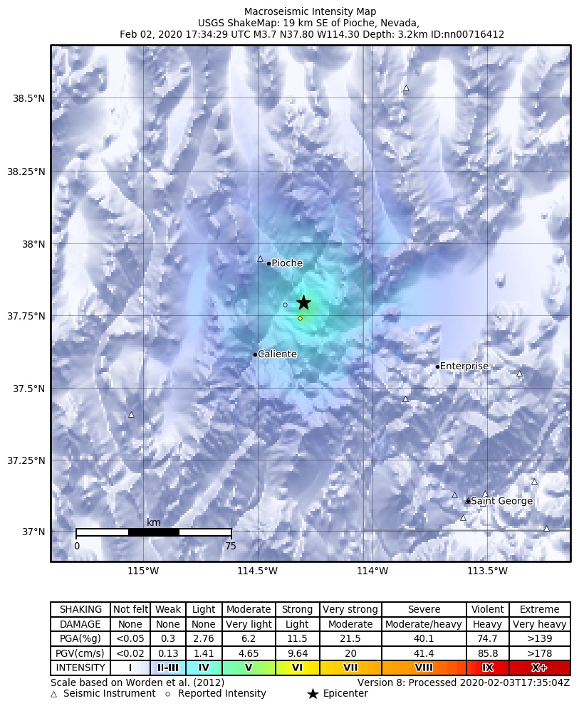 USGS ShakeMap: estimated shaking intensity around the epicenter