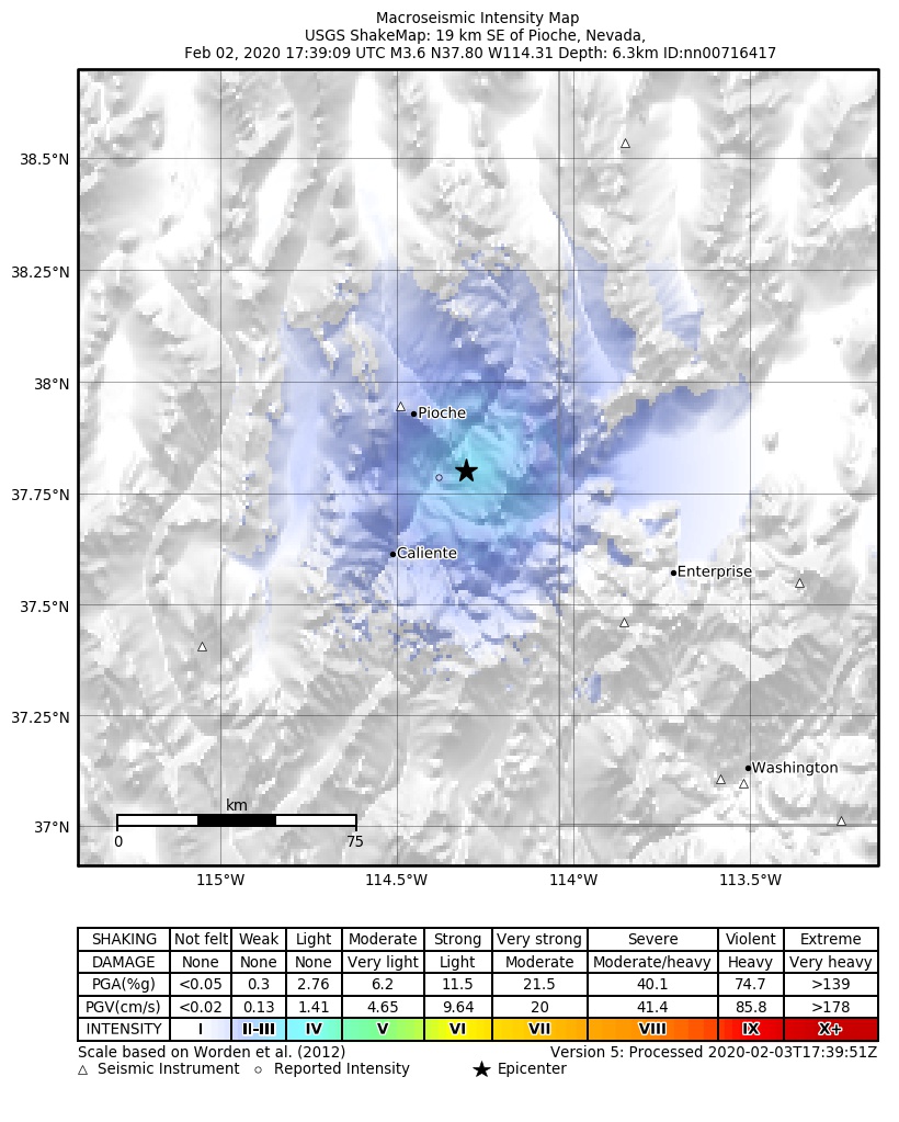 USGS ShakeMap: estimated shaking intensity around the epicenter