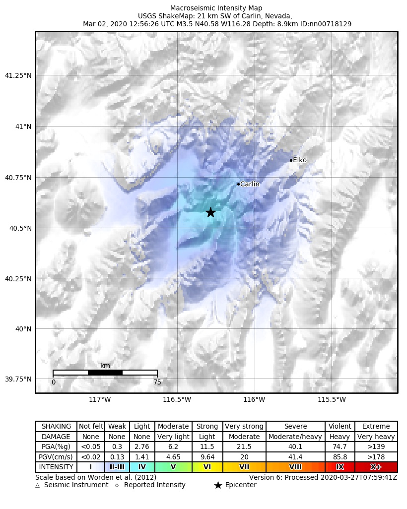 USGS ShakeMap: estimated shaking intensity around the epicenter