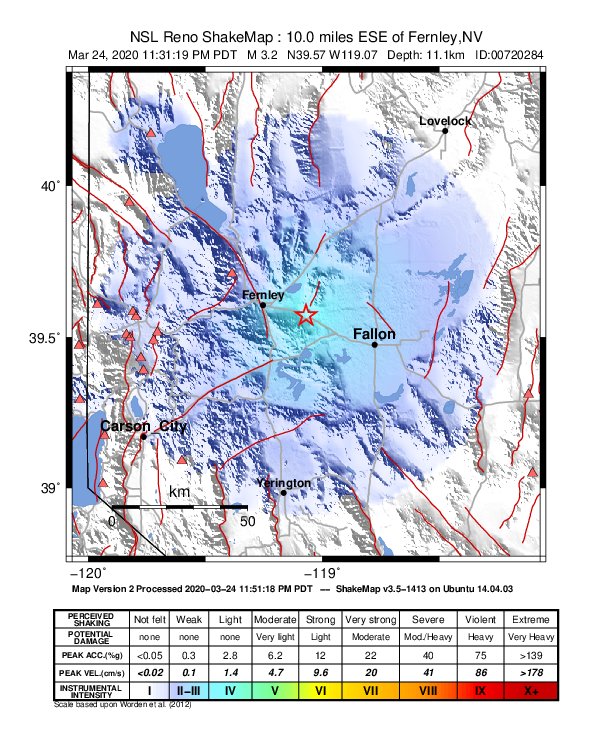 USGS ShakeMap: estimated shaking intensity around the epicenter
