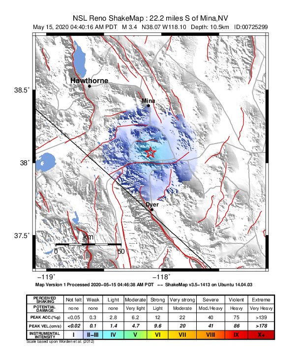 USGS ShakeMap: estimated shaking intensity around the epicenter