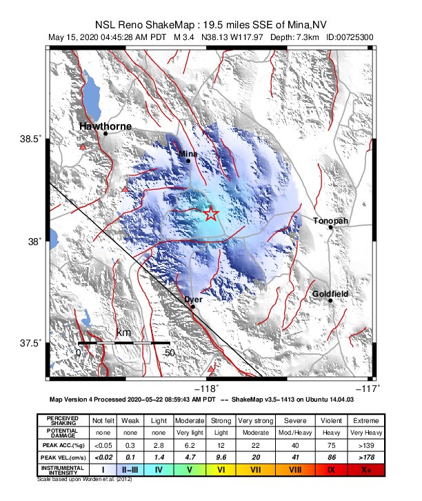 USGS ShakeMap: estimated shaking intensity around the epicenter