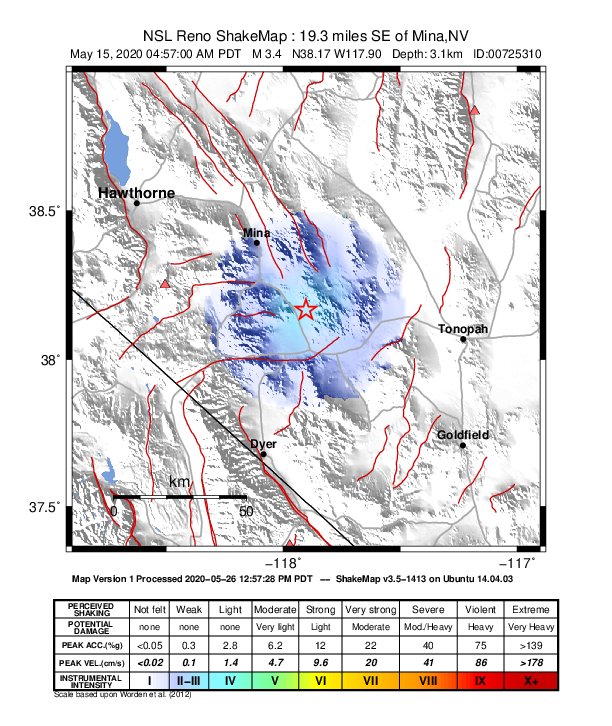USGS ShakeMap: estimated shaking intensity around the epicenter
