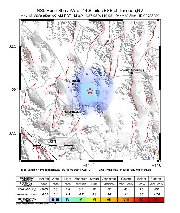 USGS ShakeMap: estimated shaking intensity around the epicenter