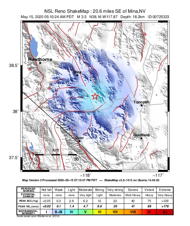 USGS ShakeMap: estimated shaking intensity around the epicenter
