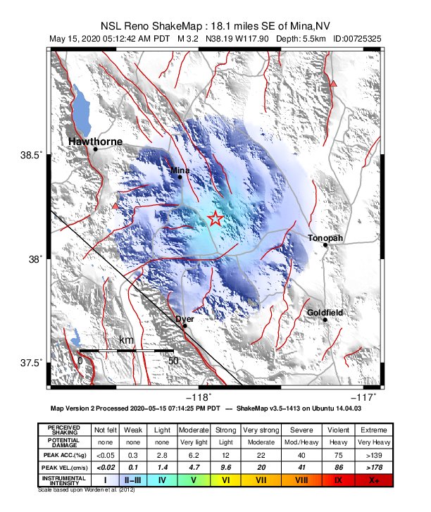 USGS ShakeMap: estimated shaking intensity around the epicenter