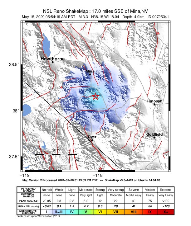 USGS ShakeMap: estimated shaking intensity around the epicenter