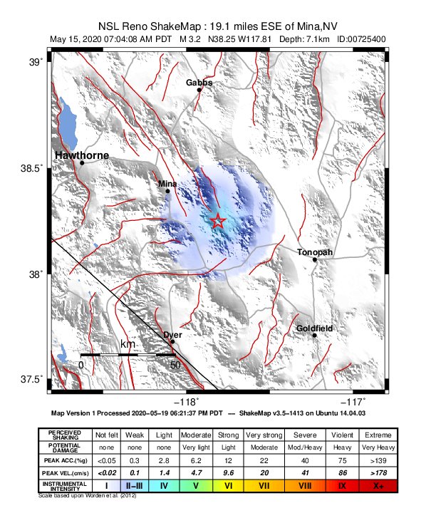 USGS ShakeMap: estimated shaking intensity around the epicenter
