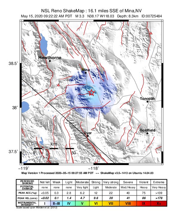 USGS ShakeMap: estimated shaking intensity around the epicenter