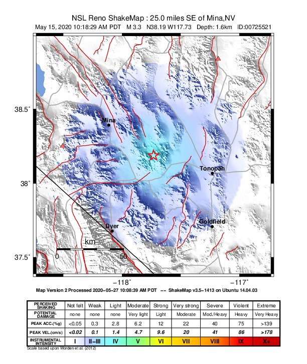 USGS ShakeMap: estimated shaking intensity around the epicenter