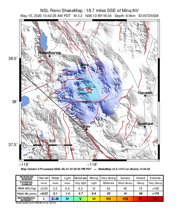 USGS ShakeMap: estimated shaking intensity around the epicenter