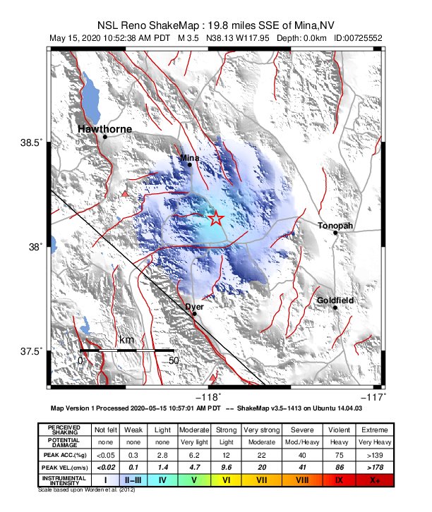 USGS ShakeMap: estimated shaking intensity around the epicenter