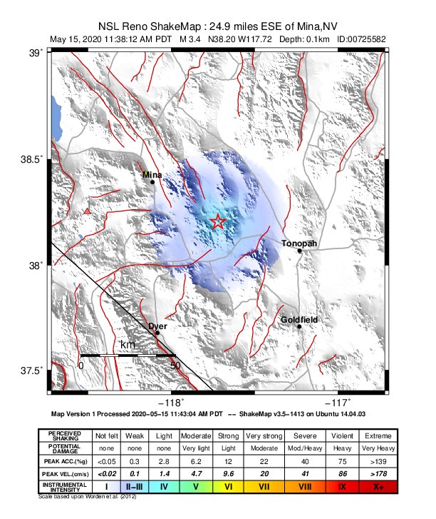 USGS ShakeMap: estimated shaking intensity around the epicenter