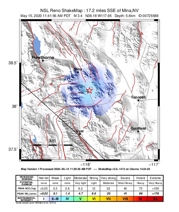 USGS ShakeMap: estimated shaking intensity around the epicenter