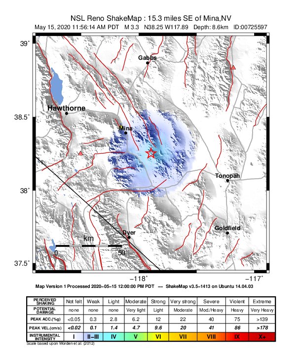USGS ShakeMap: estimated shaking intensity around the epicenter