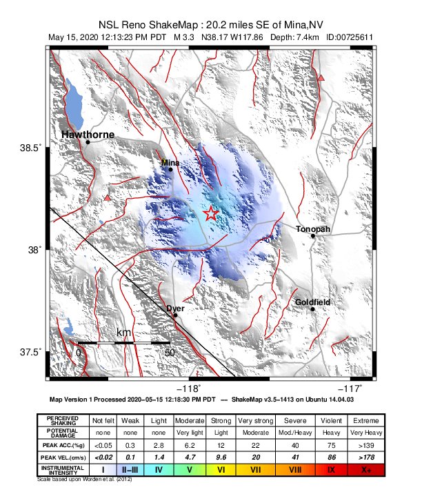 USGS ShakeMap: estimated shaking intensity around the epicenter
