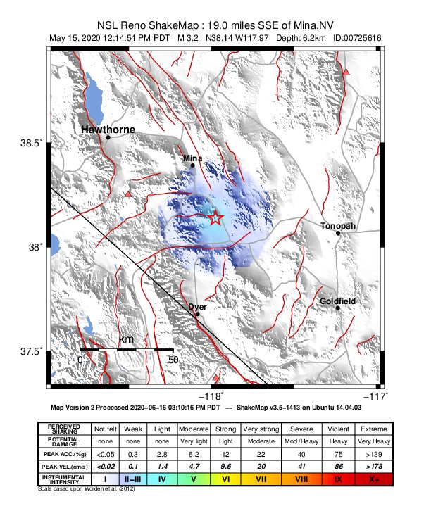USGS ShakeMap: estimated shaking intensity around the epicenter