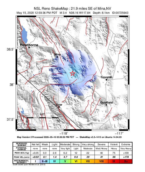 USGS ShakeMap: estimated shaking intensity around the epicenter