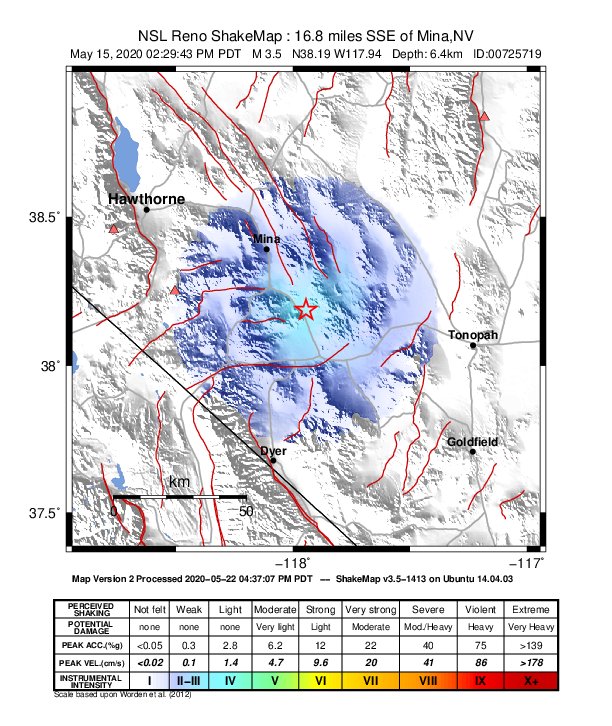 USGS ShakeMap: estimated shaking intensity around the epicenter
