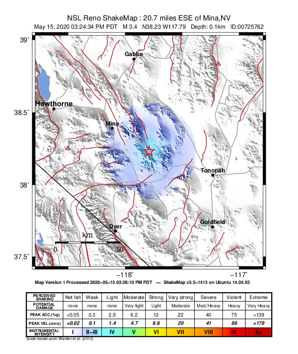 USGS ShakeMap: estimated shaking intensity around the epicenter