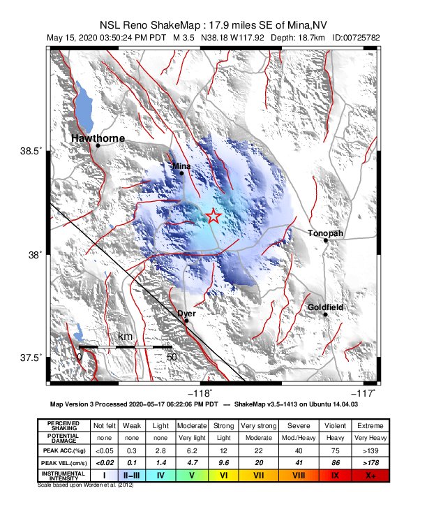 USGS ShakeMap: estimated shaking intensity around the epicenter