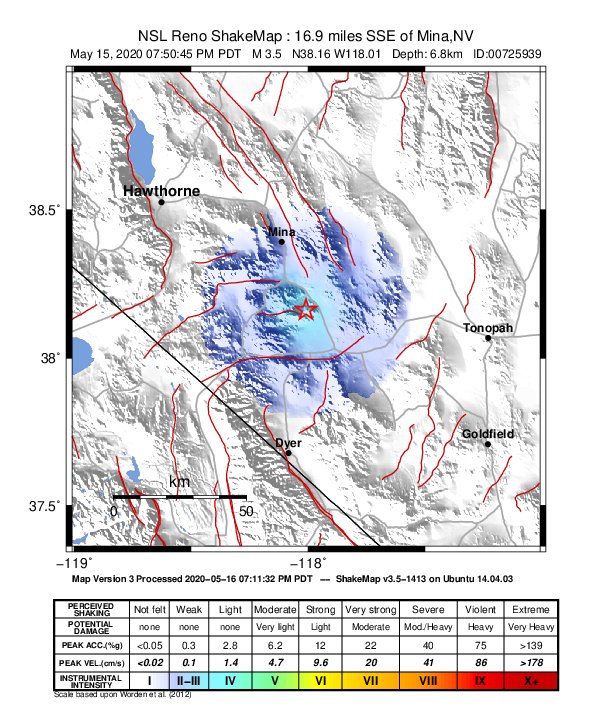 USGS ShakeMap: estimated shaking intensity around the epicenter