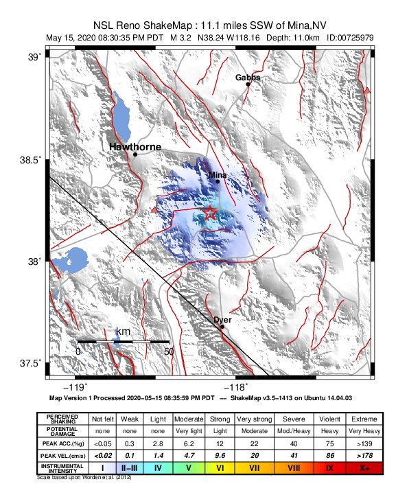 USGS ShakeMap: estimated shaking intensity around the epicenter