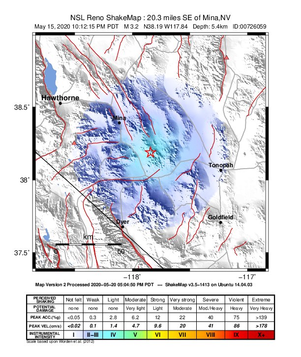 USGS ShakeMap: estimated shaking intensity around the epicenter