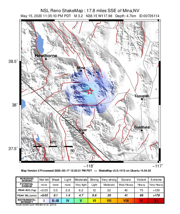 USGS ShakeMap: estimated shaking intensity around the epicenter