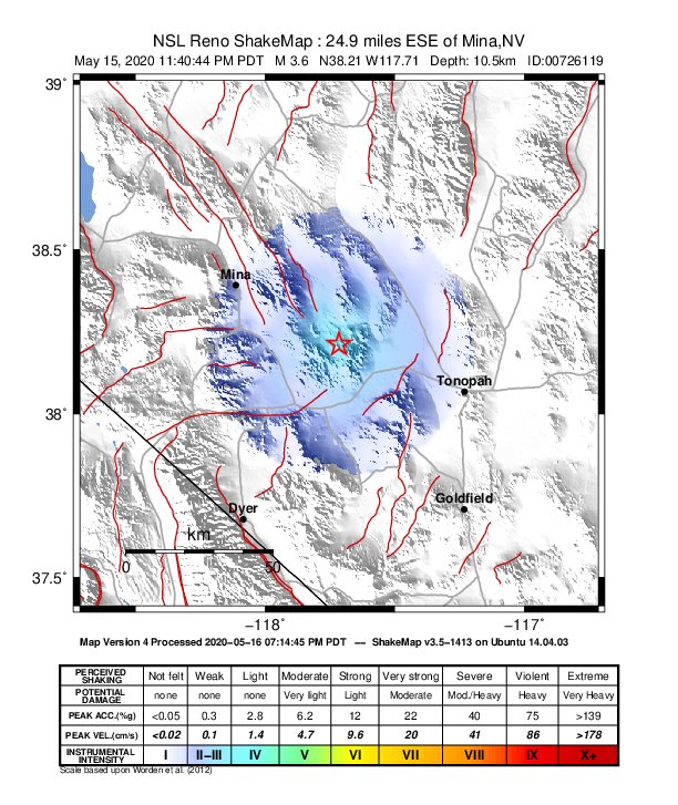 USGS ShakeMap: estimated shaking intensity around the epicenter