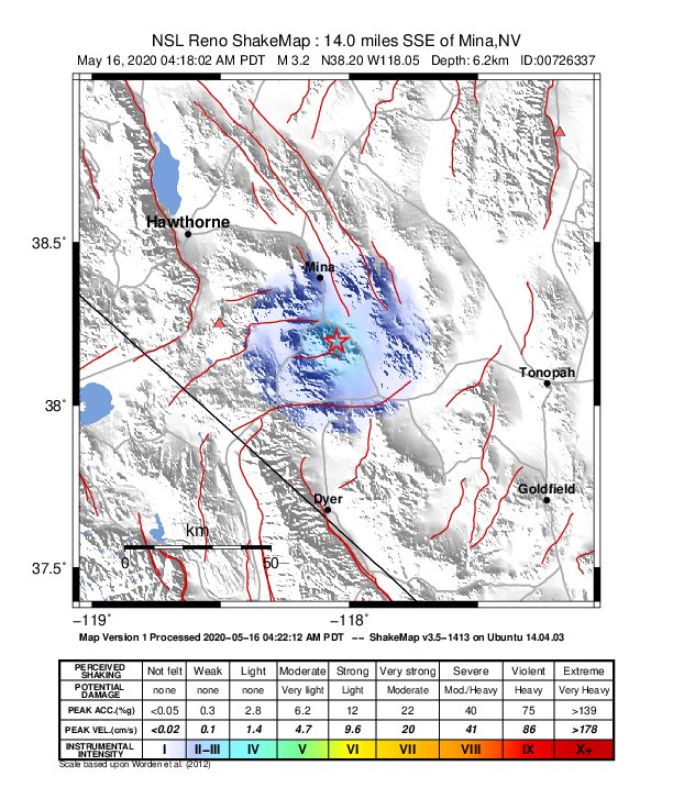 USGS ShakeMap: estimated shaking intensity around the epicenter