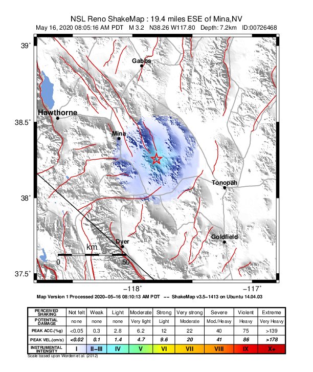 USGS ShakeMap: estimated shaking intensity around the epicenter